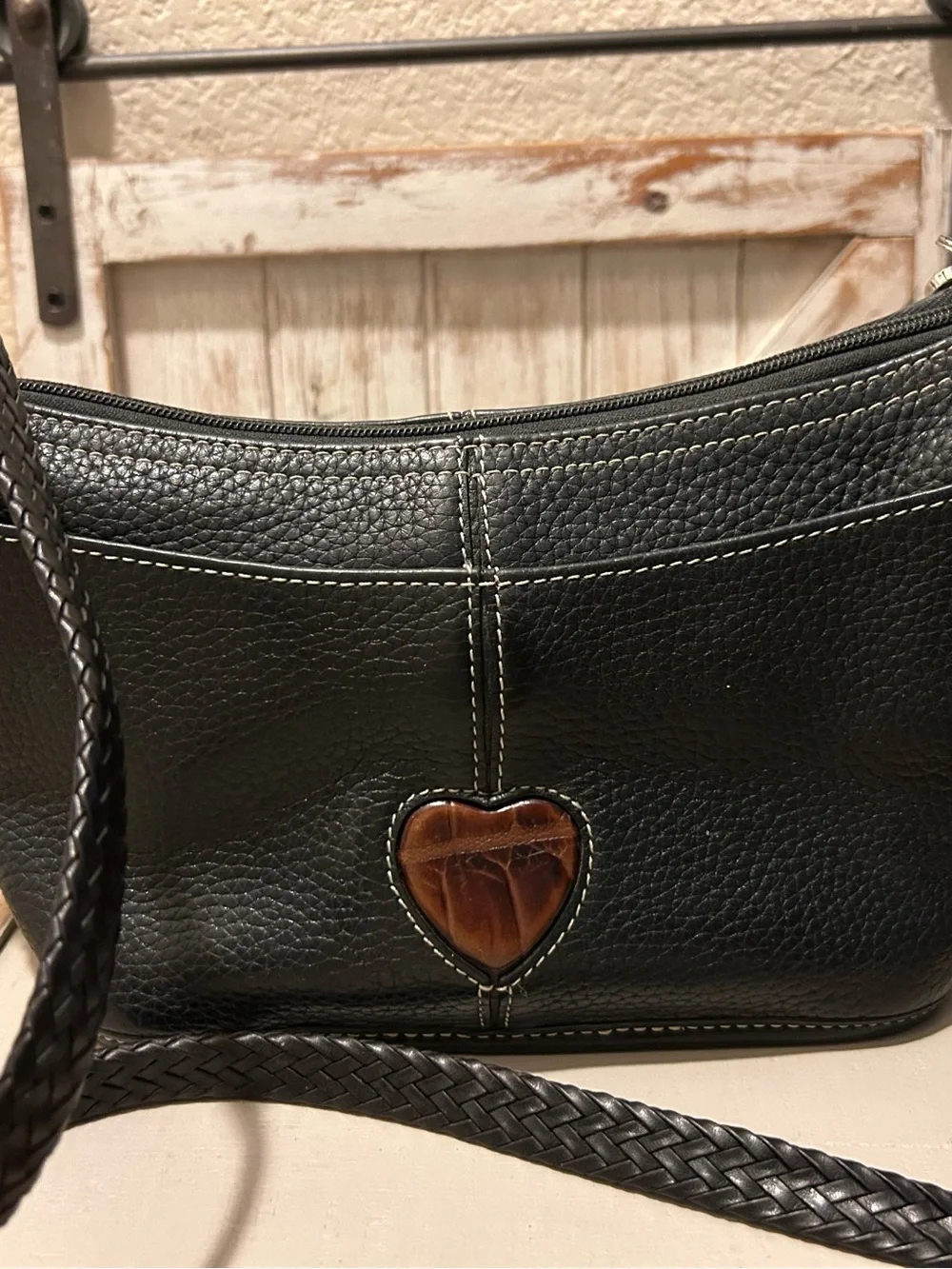 Brighton Vintage Black Pebbled Leather & Brown Croc Hobo Shoulder Bag Purse